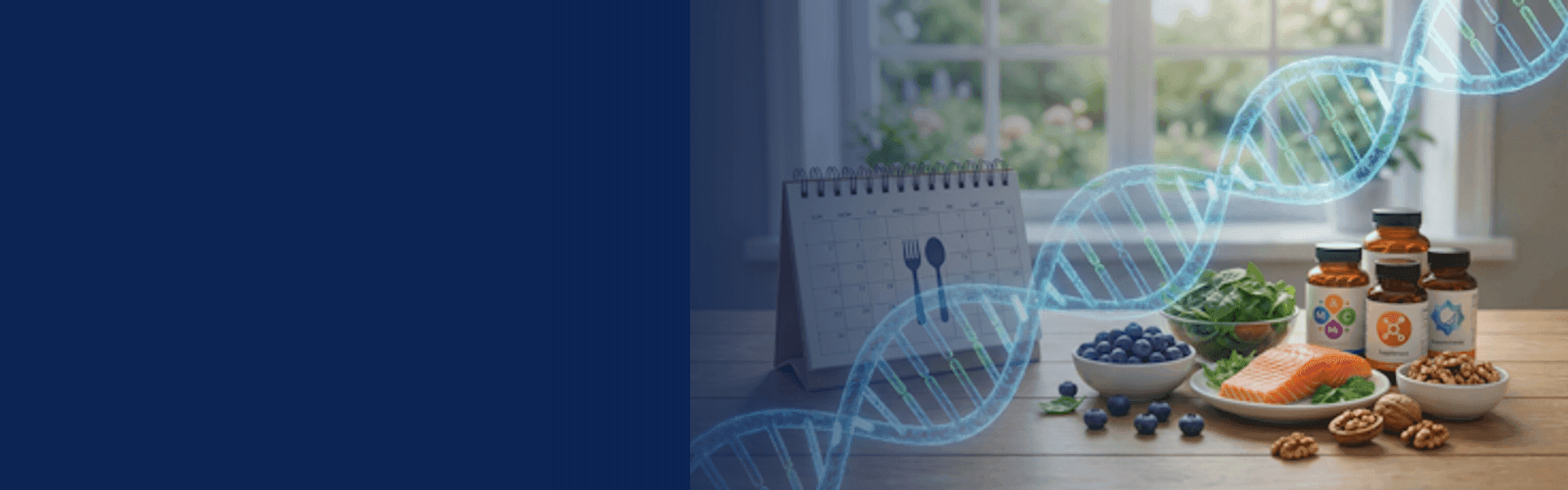 Genetic testing — DNA helix with healthy foods and supplements on a desk